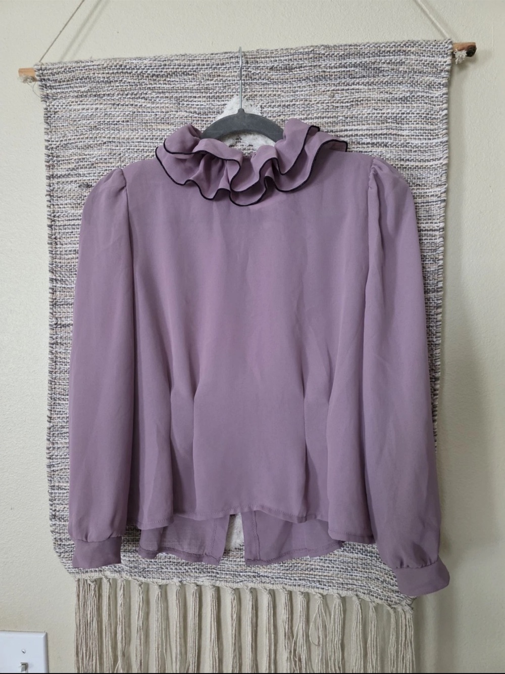 Womens Blouse Purple Ruffle Collar Sheer Secretary Top Fits Like Medium